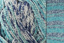 Close-up of variegated yarn with blue, teal, aqua, and white stripes, alongside a matching knitted fabric swatch showing the color pattern.