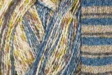 Close-up of a variegated yarn skein with blended blue, beige, yellow, and gray tones, alongside a striped fabric sample in matching colors.