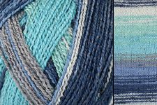 Close-up of a variegated yarn skein with stripes of blue, teal, aqua, and gray, next to a matching woven fabric swatch.