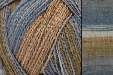 Close-up of yarn with a textured pattern and color swatch on a plain background