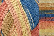 Close-up of variegated yarn with alternating stripes of blue, peach, cream, and orange, alongside a vertical color sample panel showing the same colorway.