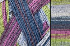 Close-up of colorful yarn with a patterned texture on a white background.
