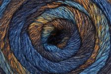 Close-up of a skein of multicolored yarn with blue, brown, and orange tones.