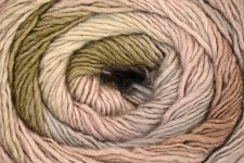 A close-up of a coiled skein of variegated yarn in soft pastel shades of beige, cream, muted green, and light pink.