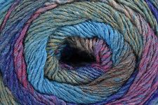 Close-up of a variegated yarn skein showing blended pastel blue, pink, purple, and beige tones in a spiral pattern.