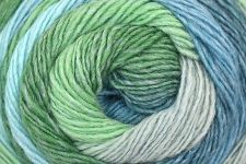 A close-up of a variegated skein of yarn with color transitions from light mint green to medium green, blue, and soft gray.