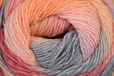 A close-up of variegated yarn wound into a skein, showing blended pastel peach, pink, coral, and light gray-blue tones.