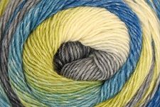 Close-up of a skein of multicolored yarn with shades of blue, green, and gray.