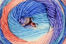 A close-up of a variegated yarn skein showing colors of light blue, purple, and coral pink.