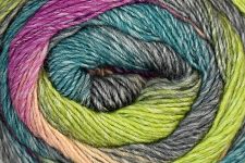 A close-up of a skein of variegated yarn with multiple colors including teal, pink, lime green, gray, and black, arranged in a spiral pattern.
