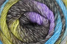Close-up of a skein of multicolored yarn with purple, gray, green, and blue hues.