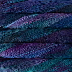 A close-up of textured yarn strands in a variegated blend of deep purple, teal blue, and black.