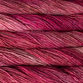 Close-up of variegated yarn strands in shades of deep pink, magenta, burgundy, and burgundy-red.
