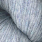 A close-up of light blue and white heathered yarn, showing the soft texture and twisted strands of the fiber.