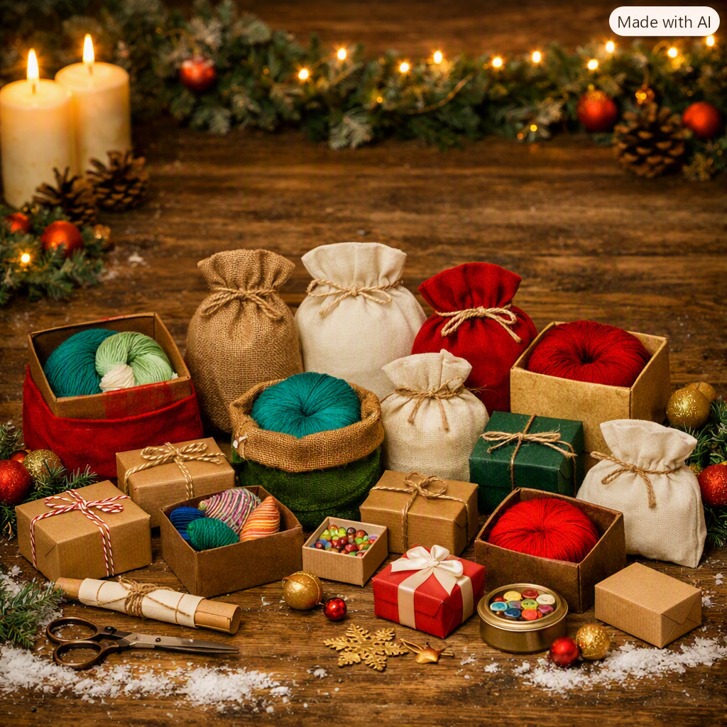 A festive arrangement of handmade yarn gift sets on a rustic wooden table, including burlap and canvas drawstring bags filled with colorful yarn, small wrapped gift boxes, scissors, and holiday decorations like candles, pinecones, and garlands.