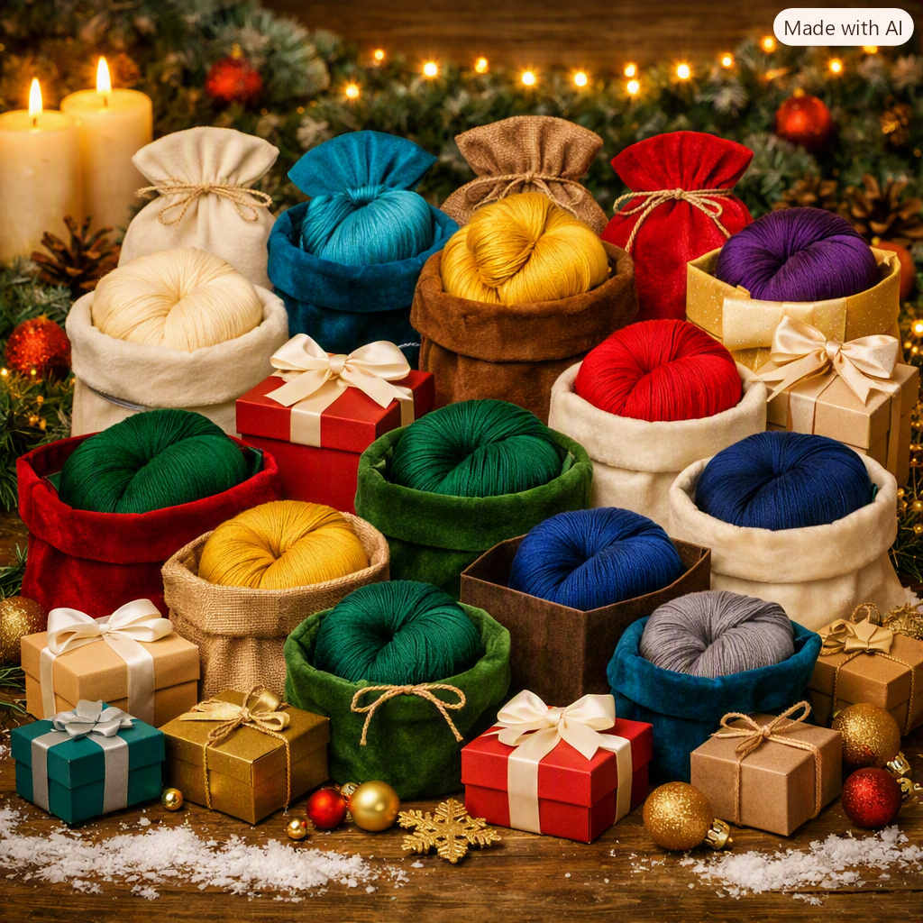 A festive holiday arrangement of colorful yarn balls bundled in fabric sacks and boxes, surrounded by wrapped gift boxes, candles, pinecones, ornaments, and string lights on a wooden surface.