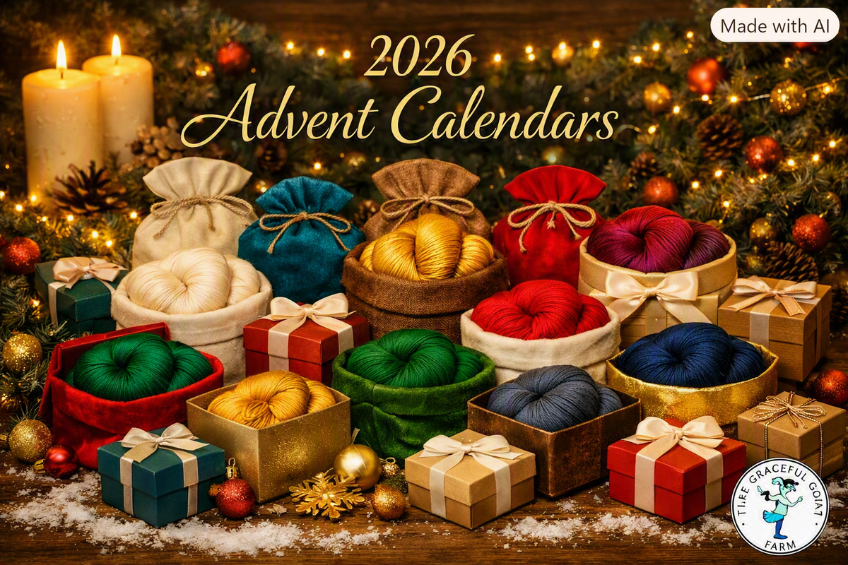 A festive holiday scene with multiple yarn skeins and gift boxes in red, green, blue, gold, cream, and brown, arranged on a wooden surface with candles, ornaments, and lights. Large overlaid text reads '2026 Advent Calendars,' and a small 'Made with AI' badge appears in the top right.