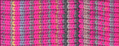 A close-up of a knitted fabric or yarn texture showing a striped pattern in bright pink, gray, purple, yellow, and blue.