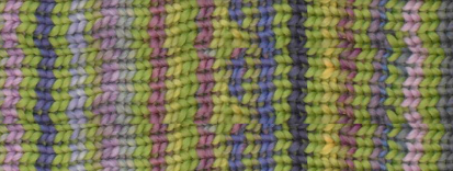 A close-up of a knitted fabric texture featuring vertical stripes in lime green, lavender purple, pink, and blue.