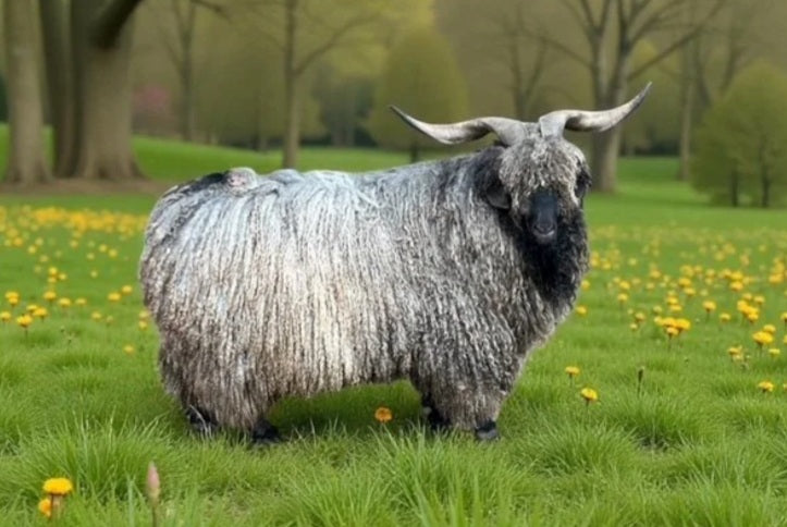 A long-haired black and white goat with curved horns standing in a grassy field dotted with small yellow flowers.