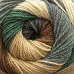 Ball of multicolored yarn with shades of beige, brown, and gray.