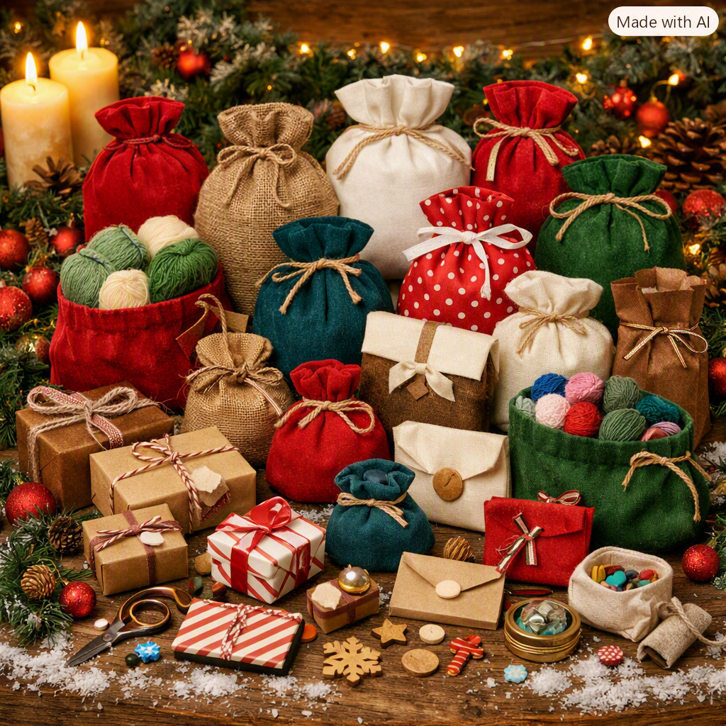 A collection of colorful fabric drawstring gift bags in red, green, blue, beige, and white, filled with yarn and wrapped in twine, arranged on a rustic wooden surface with Christmas decorations, wrapped presents, and candles.