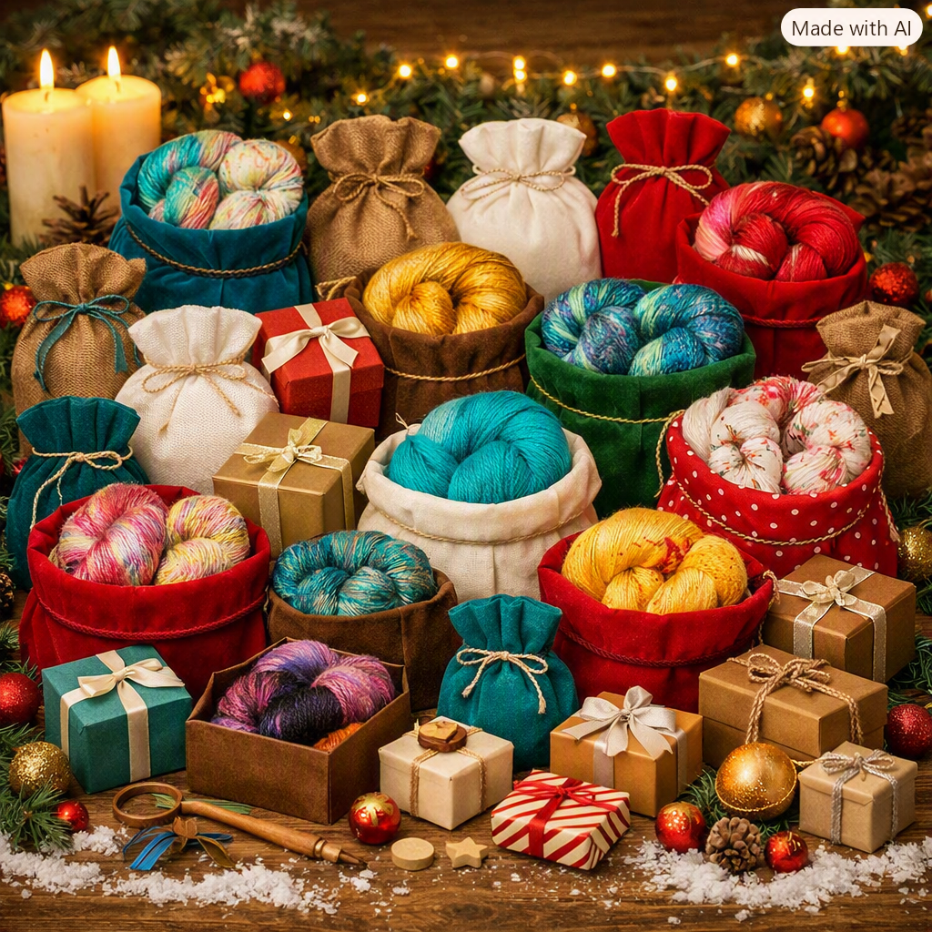 A festive holiday arrangement of colorful yarn balls in fabric drawstring bags and gift boxes, surrounded by candles, ornaments, pine branches, and wrapped presents on a wooden surface.