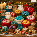 A festive holiday arrangement of colorful yarn balls in fabric drawstring bags and gift boxes, surrounded by candles, ornaments, pine branches, and wrapped presents on a wooden surface.