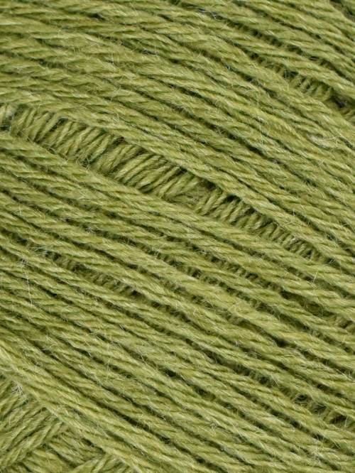 A close-up of olive green yarn strands wound together, showing the texture and color of the fiber.