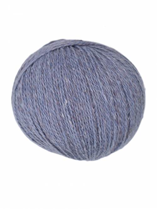 A single ball of heathered periwinkle blue yarn on a solid white background.
