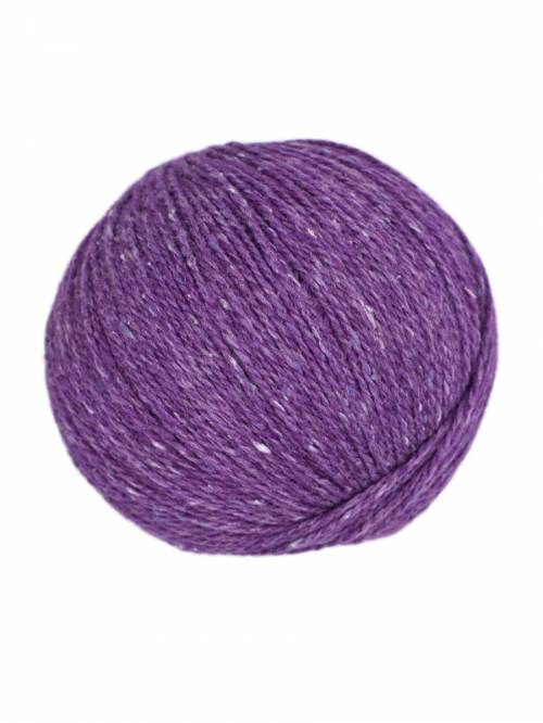 A single ball of purple yarn with subtle white flecks, shown against a plain white background.