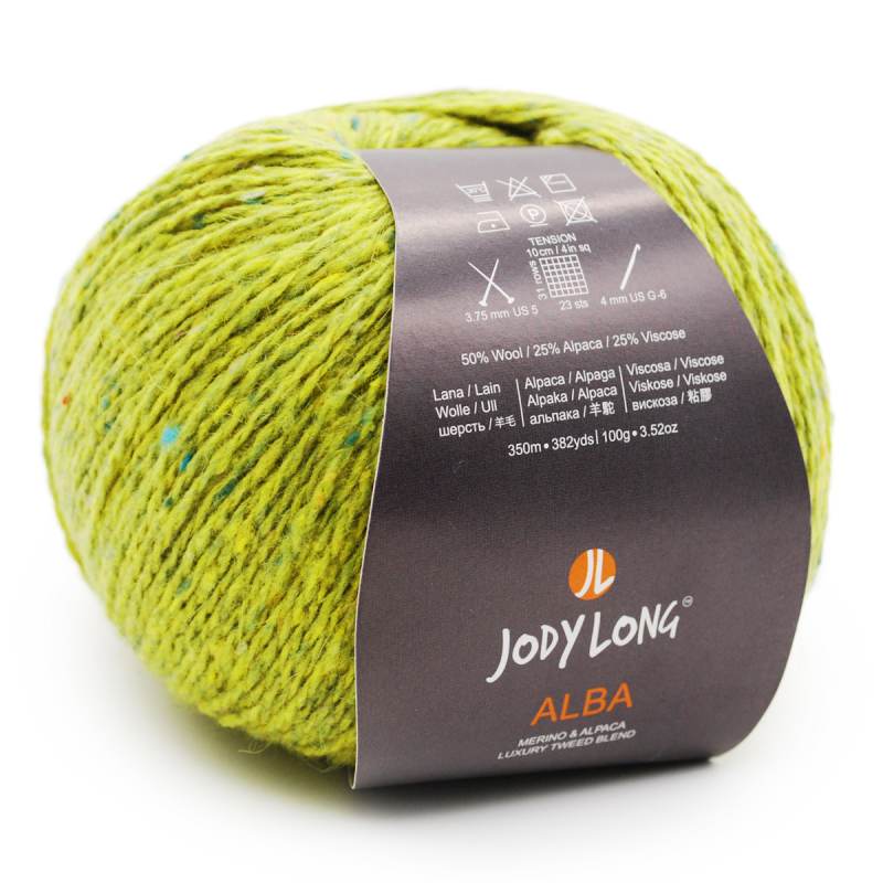 Green skein of yarn with Jody Long label on a white background