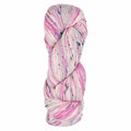 A single skein of variegated yarn with pink, white, and light blue flecks, isolated on a white background.