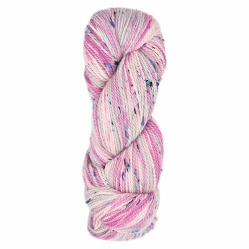 A single skein of variegated yarn with pink, white, and light blue flecks, isolated on a white background.