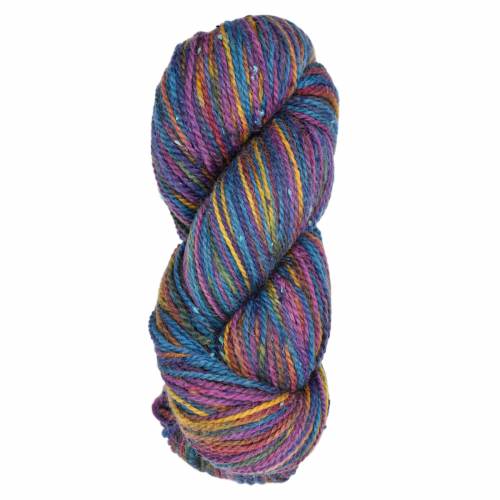 A single skein of variegated yarn with twisted strands of blue, purple, pink, yellow, and orange, isolated on a white background.
