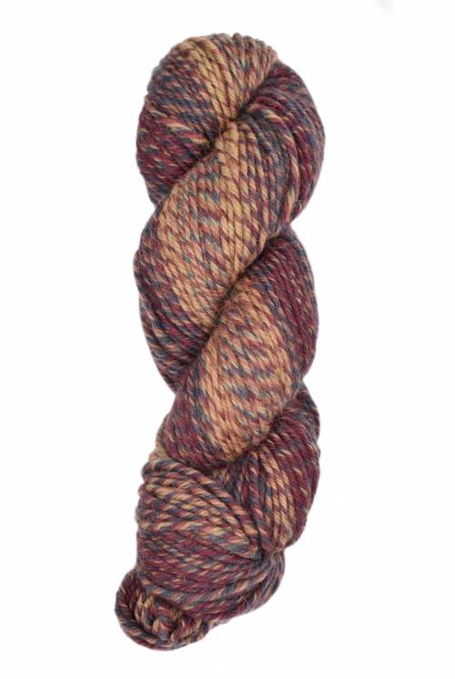 A single twisted skein of variegated yarn with a heathered pattern of rust red, tan, and brown, isolated on a white background.