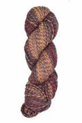 A single twisted skein of variegated yarn with a heathered pattern of rust red, tan, and brown, isolated on a white background.