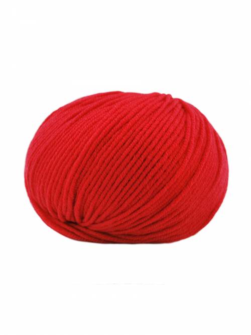 A single ball of bright red yarn photographed on a plain white background.