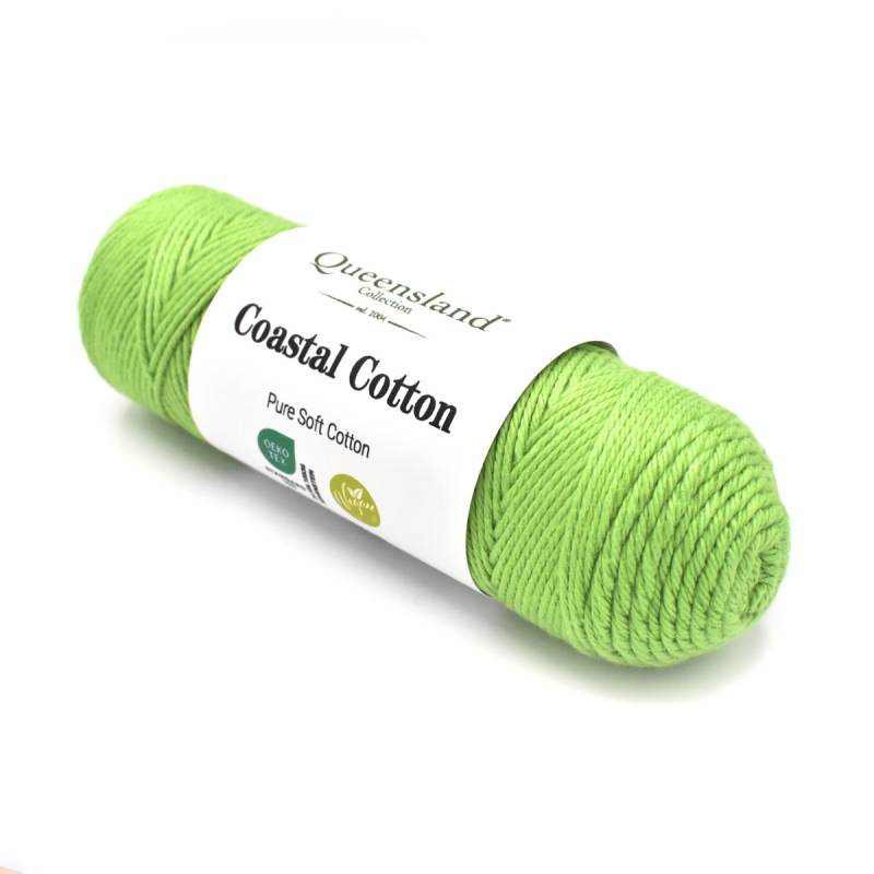 Green ball of yarn with a label on a white background