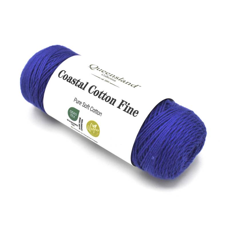 Blue skein of yarn with a label on a white background