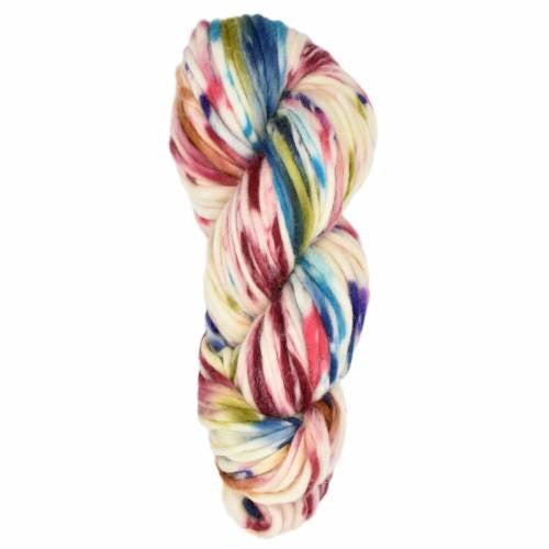 A single twisted skein of variegated yarn with marled pastel and bright colors including cream, pink, blue, yellow, and purple, isolated on a white background.