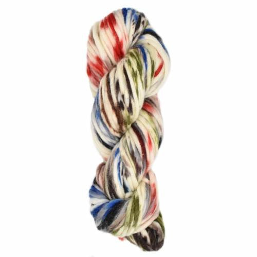 A single twisted skein of variegated yarn with marled cream, red, blue, green, and black fibers, isolated on a white background.
