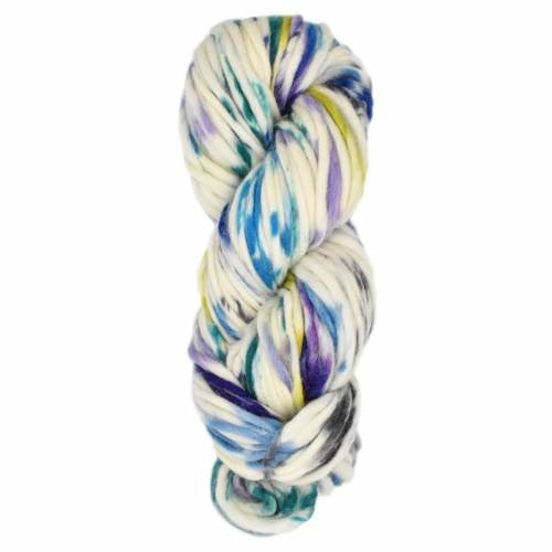 A single twisted skein of variegated yarn with marbled colors of blue, purple, yellow, and white on a plain white background.