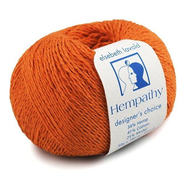 Orange ball of yarn with a label on a white background