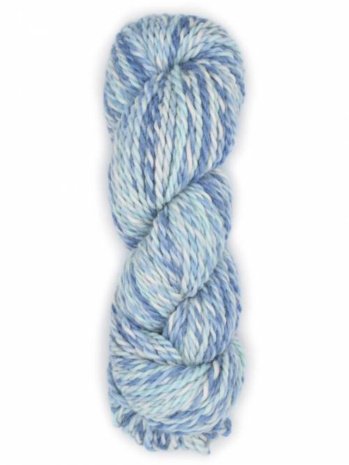 A single skein of variegated yarn in shades of light blue, medium blue, and white, photographed against a plain white background.