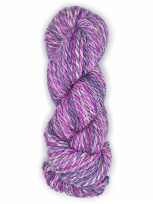 A single skein of variegated yarn in a heathered purple, pink, and white marled pattern, isolated on a white background.