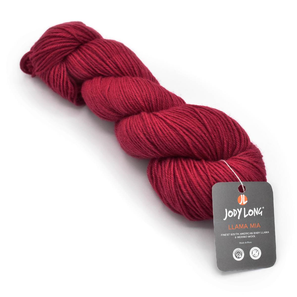 A single hank of deep burgundy yarn with a dark gray Jody Long Llama Mia tag, photographed on a clean white background.