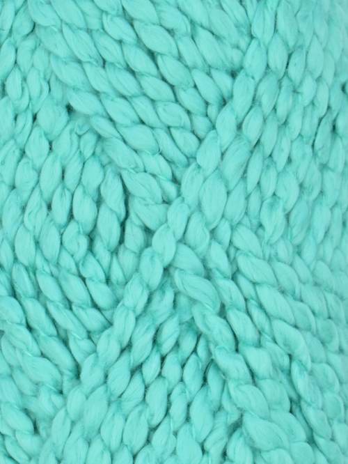 A close-up of thick, chunky knit yarn in a light mint green or aqua color, showing the detailed texture of the braided stitches.