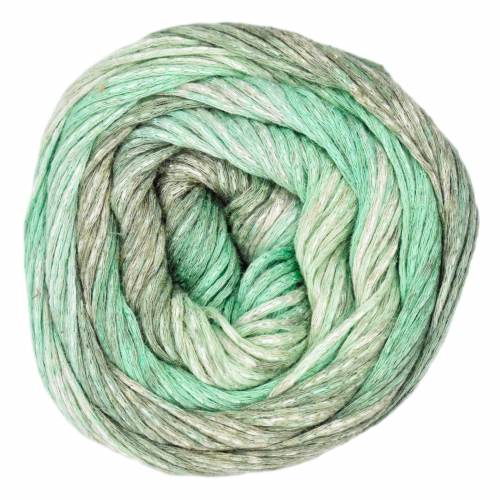 A single ball of variegated yarn with a color-shifting gradient from mint green to pale sage and light gray, photographed on a solid white background.