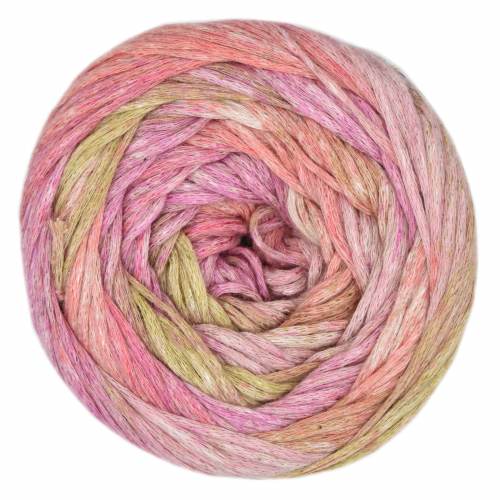 A single ball of variegated yarn wound in a spiral pattern, featuring blended shades of pink, peach, and pale yellow on a solid white background.